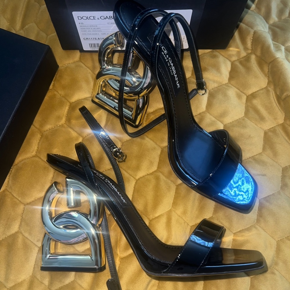 Dolce & Gabbana Black Leather logo Heel DG sandals
